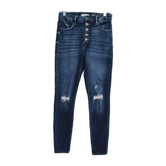 KanCan Kurvy Jeans Women's 28 Ultra High Rise Skinny Blue Distressed Button Fly - Picture 1 of 10